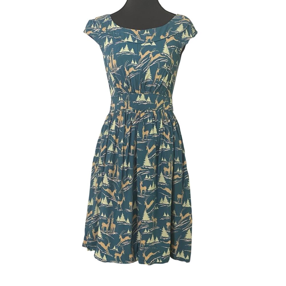 Emily and Fin Dress S Teal Antelope Novelty Print Fit & Flare Pockets Cottage